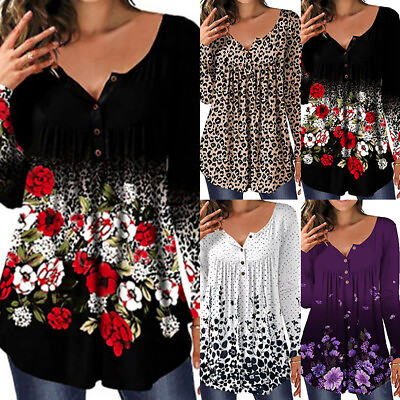 #ad Women Boho Floral Long Sleeve Pleat Tunic Top Ladies Casual Loose Blouse T Shirt $17.79
