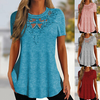 #ad Womens Lace Short Sleeve Tunic Tops Ladies Loose Floral T Shirt Blouse Plus Size $14.08