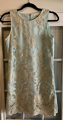 #ad Just Me Brand Size Small Mint Green And Gold Lace Dress Beautiful Zip In Back. $9.99