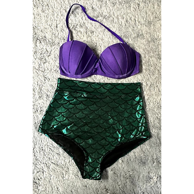 #ad Mermaid Bikini Purple Shell Top Shiny Green Scale High Rise Bottoms Size Medium $27.00