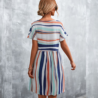#ad Casual Summer Dress Stripe Printed T Shirt Style Simple Summer Dress For Girls $23.74
