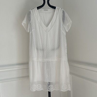 #ad IKKS Eyelet Swiss Dot Lace Boho Dress in White Sz M B12 $25.50