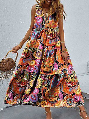 #ad Printed V Neck Tiered Sleeveless Maxi Dress $37.95