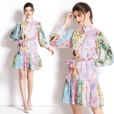 #ad Women Summer Floral Print Mock Neck Lantern Sleeve Bow Casual Party Short Dress $70.80