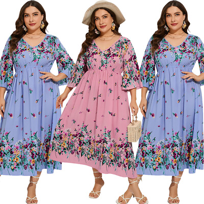 #ad Boho Print Women Casual V Neck Long Dress Summer Plus Size Hoilday Sundress Gown $29.40