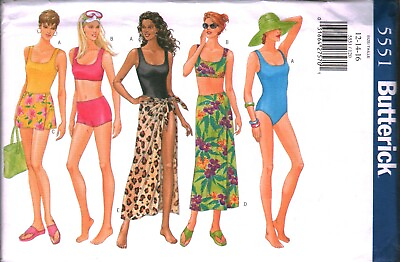 #ad 5551 Vintage Butterick Sewing Pattern Misses One Piece Swimsuit Cover up Skirt $5.59