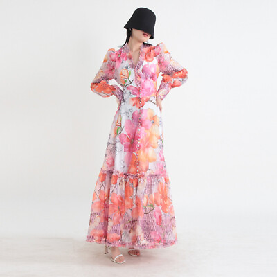 Womens V Neck Ruffle A line Long Dresses Spring Summer Holiday Maxi Floral Dress $88.37