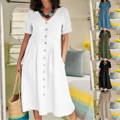 #ad #ad Womens Midi Dress Cotton Linen Ladies V Neck Summer Beach Sundress Plus Size $21.83
