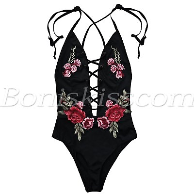 #ad Women#x27;s One Piece Embroidered Lace UP Bikini Bandage Monokini Swimsuit Swimwear $16.99