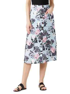 #ad Nicholas Blue Garden Floral Button Front Linen Midi Skirt Size 14 $26.36