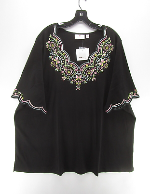 Quacker Factory Blouse Women Plus 5X Black Pullover Top Floral Scallop Art NEW $28.99