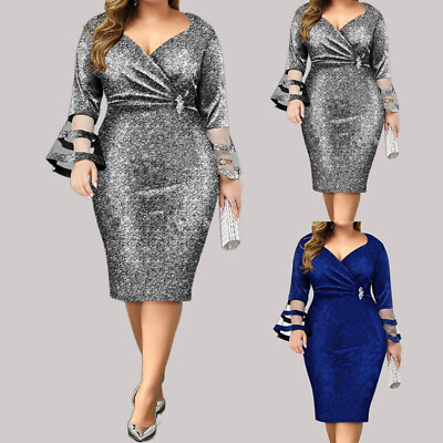#ad Women Sequins V Neck Mesh Midi Dress Ladies Formal Evening Party Dress Plus Size $34.89