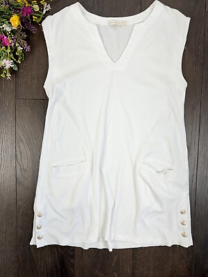 #ad Cabana Beach Womens White Cover Up Short Sleeve Sz M White Pockets Tunic $25.87