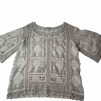 #ad Democracy Womens Top Mineral Wash Crochet Embroidered Boho Medium $12.99