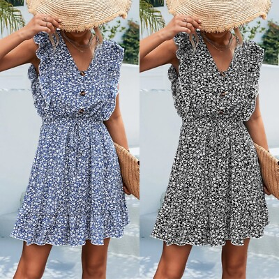 #ad Womens Boho Floral Swing Mini Dress Holiday Frill V Neck Summer Beach Dresses $26.00