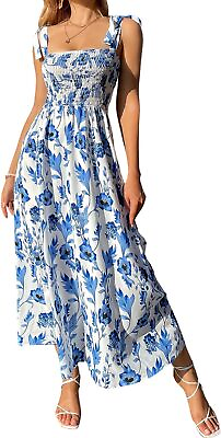 #ad MakeMeChic Women#x27;s Summer Boho Dress Floral Print Spaghetti Strap Square Neck Sh $107.85