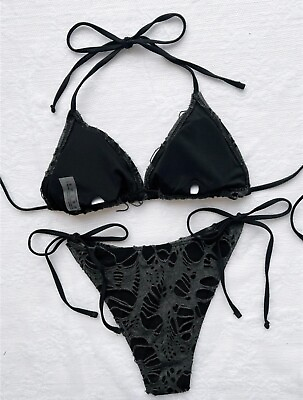 #ad Womens Sexy black Bikini Set Ripped String Swimwear Ruched Thong Bathing Suit GBP 24.99