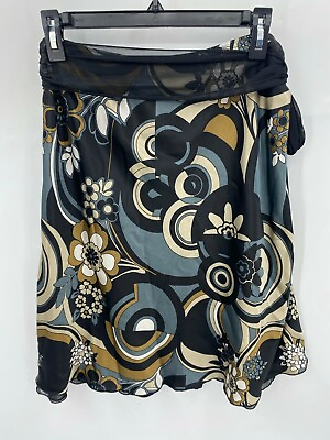 #ad #ad W Wrapper Womens Large Skirt Black Blue Floral Swirl Satin Flared Belted $23.60