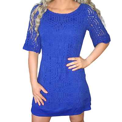 #ad Blue Lace Dress Womens 10 Large Knit Crochet Half Sleeve Cocktail Round Neck $19.99