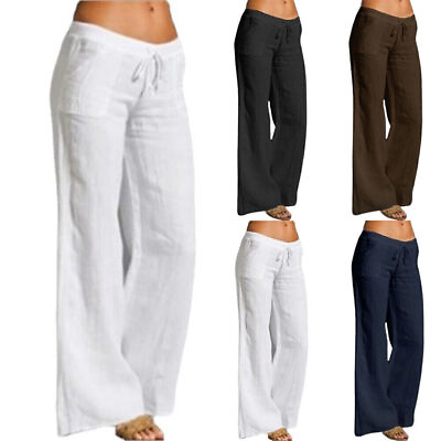 Womens#x27; Wide Leg Linen Style Trousers Casual Elasticated High Waist Pants Size $15.54