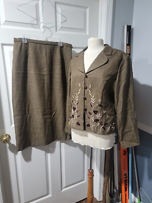#ad DRESSBARN Women#x27;s 2 PC Suit Brown Embroidered Floral Skirt Jacket Size 16 #337 $21.60