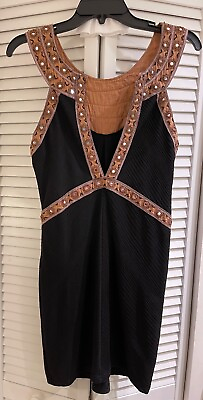 #ad Free People Boho Mirror Embellished Black Gold Egyptian Vibe Mini Dress Med A $25.00