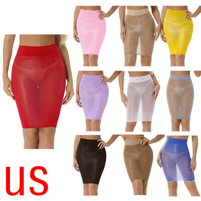 #ad US Women#x27;s Bodycon Pencil Skirt Glossy Stretchy Semi See through Mini Skirts $8.36