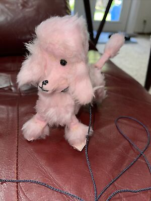 #ad Vtg Pink Bobblehead Poodle Furry Figurine Figure On Leash $9.95