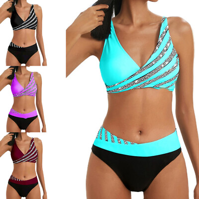 #ad Strandkleidung Bikini Set Badeanzug Gestreift Damen Summer Gepolstert Bademode $19.79