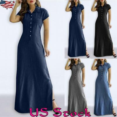 #ad Womens Buttons Denim Long Maxi Dress Ladies Swing Short Sleeve Split Shirt Dress $12.99