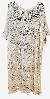 #ad Crochet Bohemian Hippie Sz L XL Beige Flowy Sleeve Sheer Cotton Maxi Dress Cover $49.00