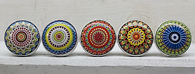 #ad Set of 5 Colorful Boho Style Ceramic Cupboard Cabinet Door Knobs Draw Pulls $24.97