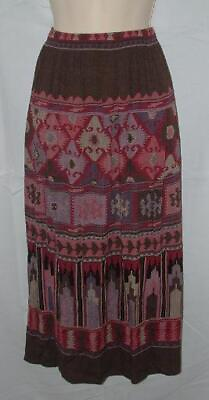 #ad Brown Print Medium Petite Casual or Dress Elastic Waist Midi Skirt Side Pockets $12.00