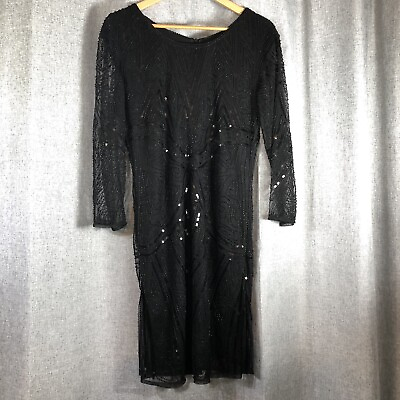 #ad Dress Sz Large Black Sequins Short Sleeve Round Neck Lined Evening Long Sleeve $16.00