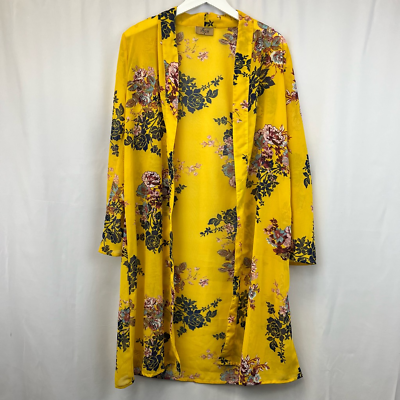 Jorja Womens Kimono Duster Yellow Floral Long Sleeve Open Front Caftan Artsy S $14.99