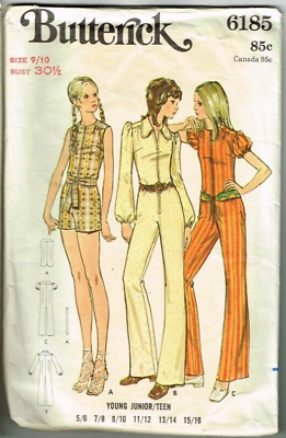 Young Junior Teen Jumpsuit Butterick 6185 Size 9 10 Groovy 1970#x27;s Vintage $15.29
