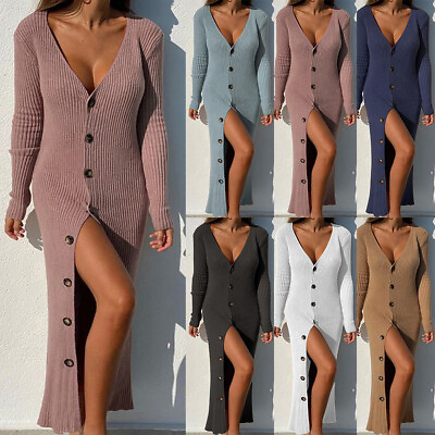 #ad Womens Long Sleeve V Neck Maxi Dress Button Down Long Dress Ribbed Jumper Dress $38.99