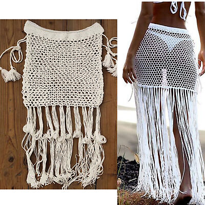 Women Swimwear Bikini Cover Up Mesh Beach Wrap Crochet Skirt With Long Fringe US $14.98