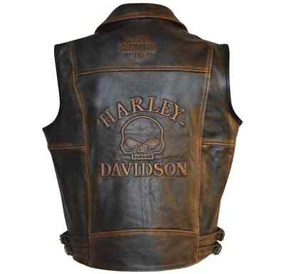 #ad Harley Davidson Men#x27;s Motorcycle Knuckle Distressed Biker Genuine leather Vest $88.33
