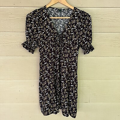 #ad Black Lavender Floral Dress Sundress Womens medium day dress short sleeve $6.00