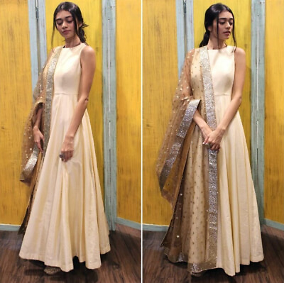 Party Wear Long Dress Ethnic Sexy Golden Cream Prom Gown Dupatta Readymade Tops $96.00