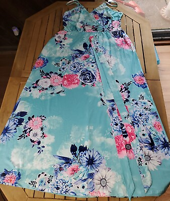Womans Maxi Dress Summer Party Large Floral Blues Long Pretty Cool Lightweight $15.63