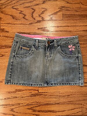 #ad Rip Curl Denim Mini Skirt Size 5 Embroidered Flowers $12.50