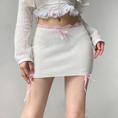 #ad y2k Lace Knitted Mini Skirts Women Bow Fairycore Ballet core Pencil Skirts Chic $29.90