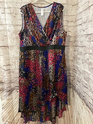 #ad Women’s Maxi Dress 1X Multicolor Animal Print Satin Hi Low V Neck Sleeveless $19.99