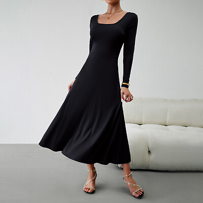 Solid Color Long Sleeves Square Neck Women#x27;s Fit Slim Soft Long Maxi Dress $37.55