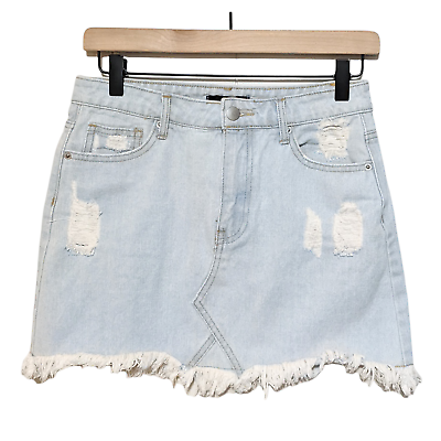 #ad Forever 21 S Light Wash Distressed Denim Jean Mini Skirt Frayed Hem Pockets $23.88