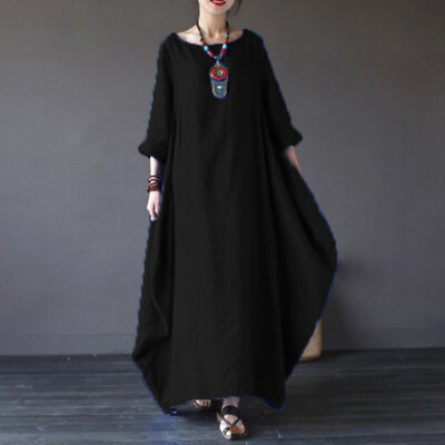 #ad Women Maxi Long Dress Sundress Crewneck Cotton Linen Dress HalfSleeve Boho Dress $19.94