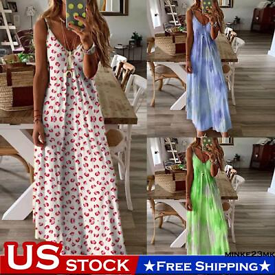 #ad Women Summer Boho Print Long Maxi Dress Summer Beach Holiday Cami Sun Dresses $16.18