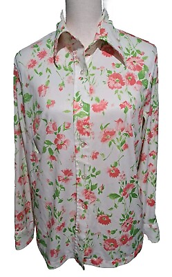 #ad VTG Sears Perma Prest Polyester Shirt Button Up White Pink Green Floral Medium $15.95